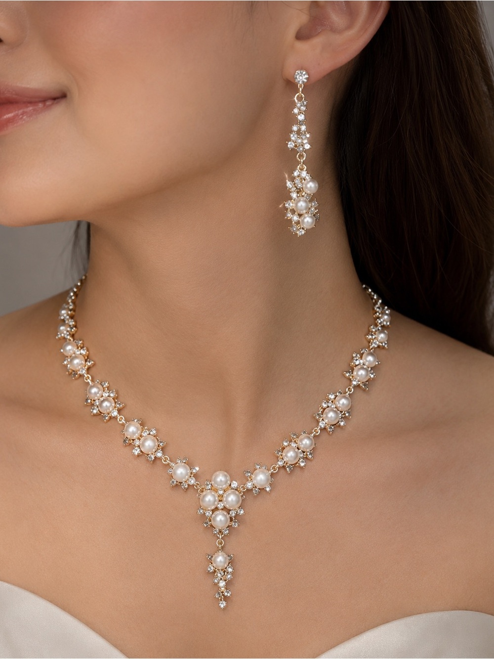 Gold-Tone Pearl and Crystal Statement Necklace & Drop Earrings set